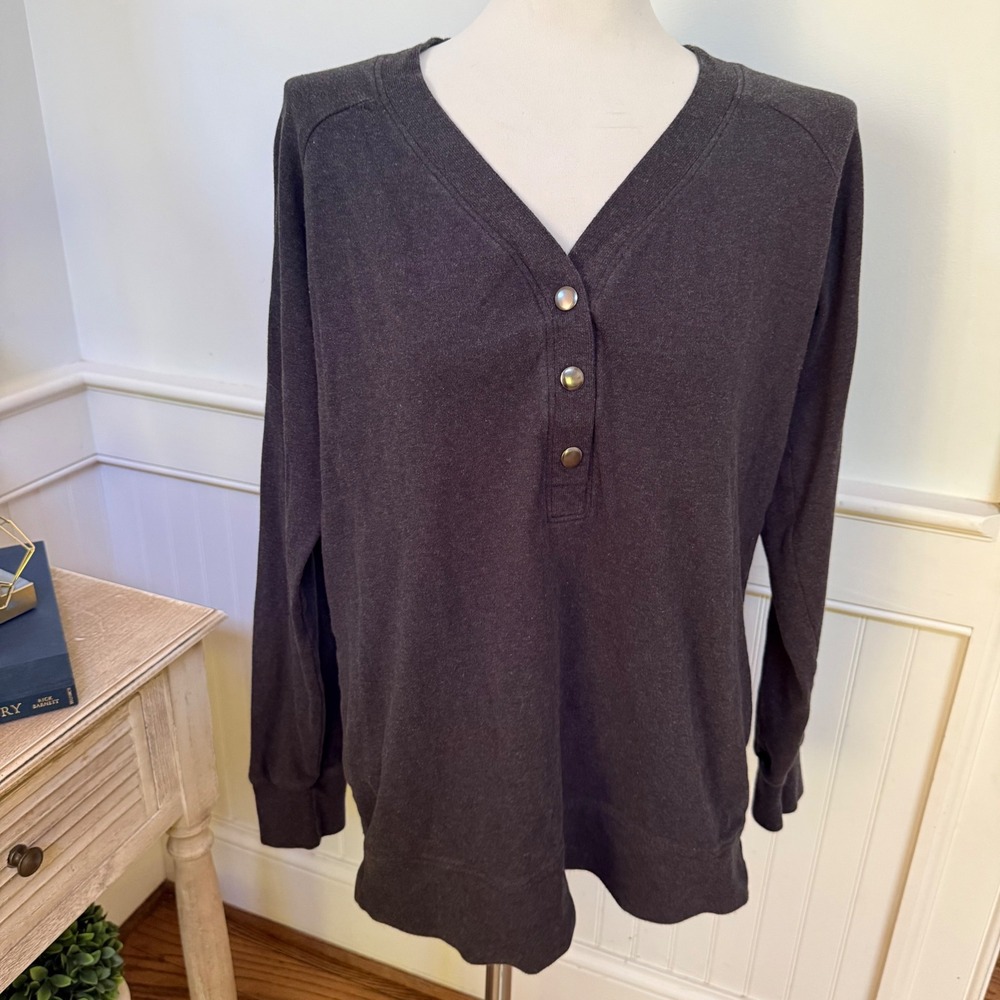 Pact Organic Cotton Henley Long Sleeve‎ Top Charcoal Gray Womens Medium V-Neck
